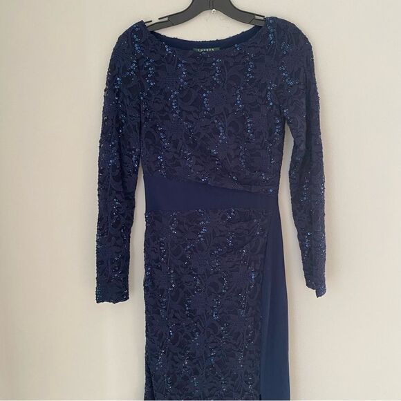 Lauren Ralph Lauren Women’s Long Sleeve Sequined Side Slit Evening Dress Blue 4 - Picture 1 of 5